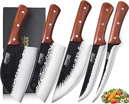 Topfeel Butcher Knife Set 5PCS, Hand Forged Kitchen Knives Set Serbian Chef