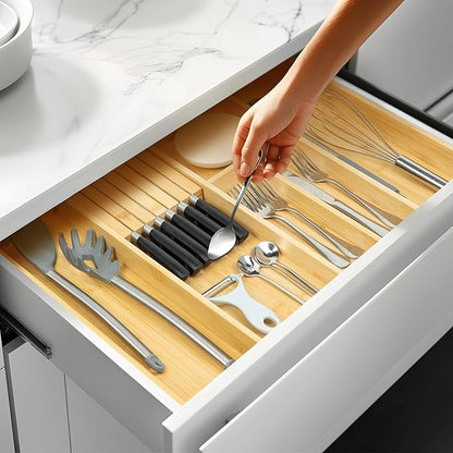 VaeFae Bamboo Kitchen Drawer Organizer, Utensil Tray