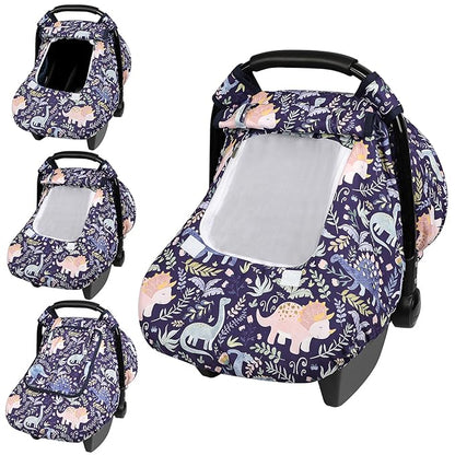 Pea Pod Car Seat Cover Baby, Infant Car Seat Canopy Covers for Newborn with 2 Layers Windows of Breathable Mesh Fabric, Lightweight Polyester/Soft Minky Dot Backing (Dinosaur)