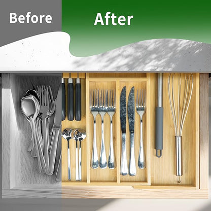 VaeFae Bamboo Kitchen Drawer Organizer, Utensil Tray
