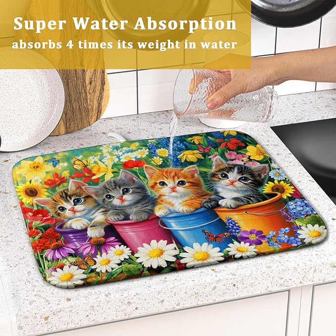 Funny Absorbent Dish Drying Mat Spring Cat Dish Drying Mats