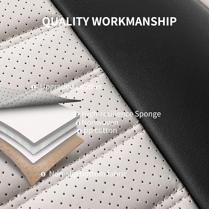 HChengkikz Car Seat Covers Full Set, Breathable Nappa Leather Seat Covers, Horizontal Stripes Automotive Seat Covers, Universal Seat Cushions for Sedan SUV Truck (5 PCS Full Set, Black + Cream)