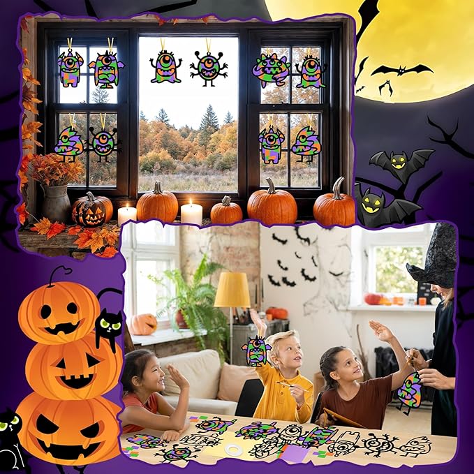 Qyeahkj 36 Set Halloween Monster Suncatchers Crafts for Kids DIY Monster Window Tissue Paper Craft Kit Hanging Decor for School Classroom Activity Art Project Holiday Home Birthday Party Favor Gift