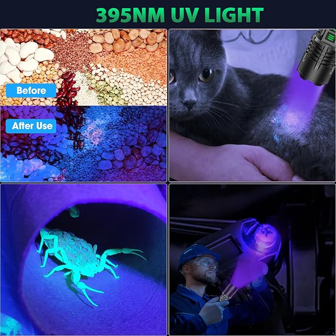 AdamStar UV&High Lumens Flashlight Rechargeable, 2-in-1 Powerful Blacklight LED Flashlight Tactical 6 Modes Super Bright Waterproof Zoomable Detector for Pet Urine Curing Resin Camping