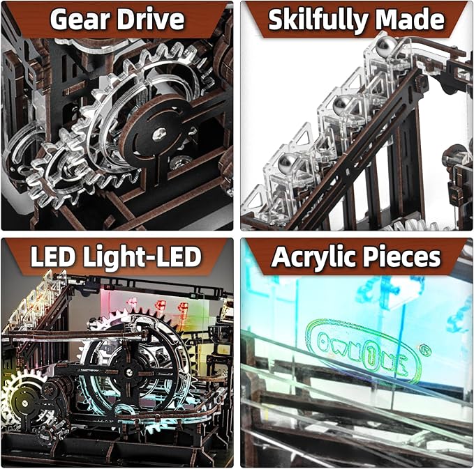 3D Wooden Puzzle Marble Run with LED Lights, Wooden Model Building Kits for Adults, Wood Mechanical Puzzle Building Set, Office Desk Decor Gift for Men Adults (312 PCS)