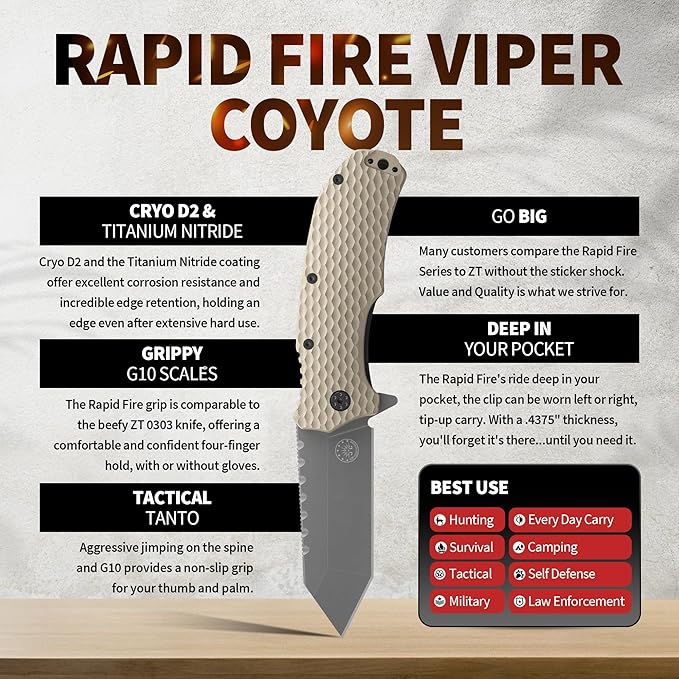 Off-Grid Knives - Rapid Fire Viper, Assisted Tanto Blade, Hard Use Build, Tactical, Camping & Survival EDC, Cryo D2 Steel, Graywash, Coyote G10 Scales, Deep Pocket Carry (Coyote)