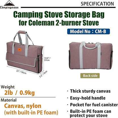 CAMPINGMOON Camping Stove Carry Case for Coleman 2-burner Stove Canvas CM-B Pockets for Gas Fuel