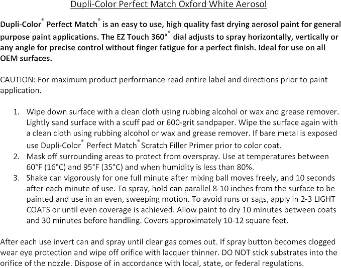 Dupli-Color EBFM02297 Perfect Match Automotive Spray Paint – Ford Oxford White, 9L/A9/YO/YZ – 8 oz. Aerosol Can