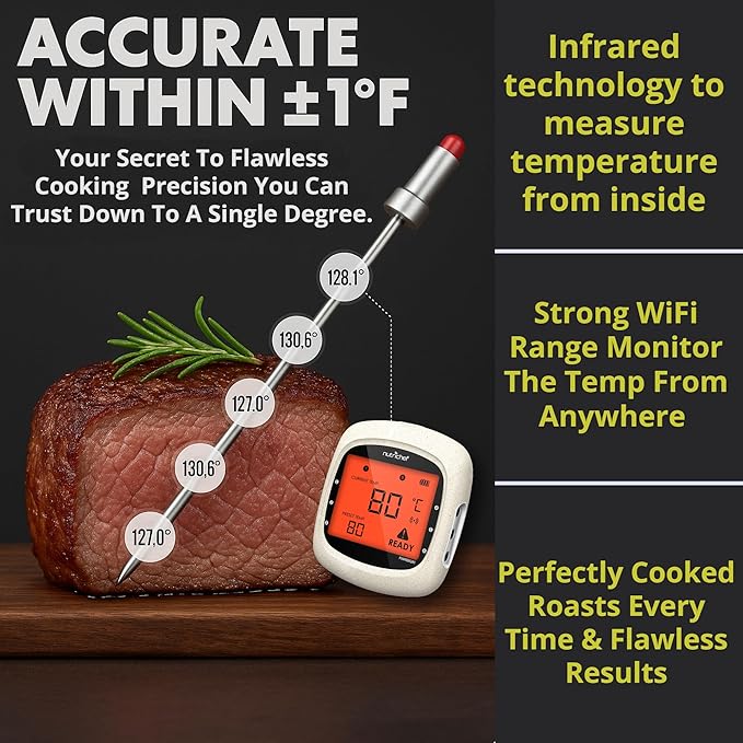 NutriChef Bluetooth Meat Thermometer for Grilling and Smoking, up to 6 Temperature Probes and Smart APP, 400 Ft Range, LCD
