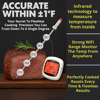 NutriChef Bluetooth Meat Thermometer for Grilling and Smoking, up to 6 Temperature Probes and Smart APP, 400 Ft Range, LCD