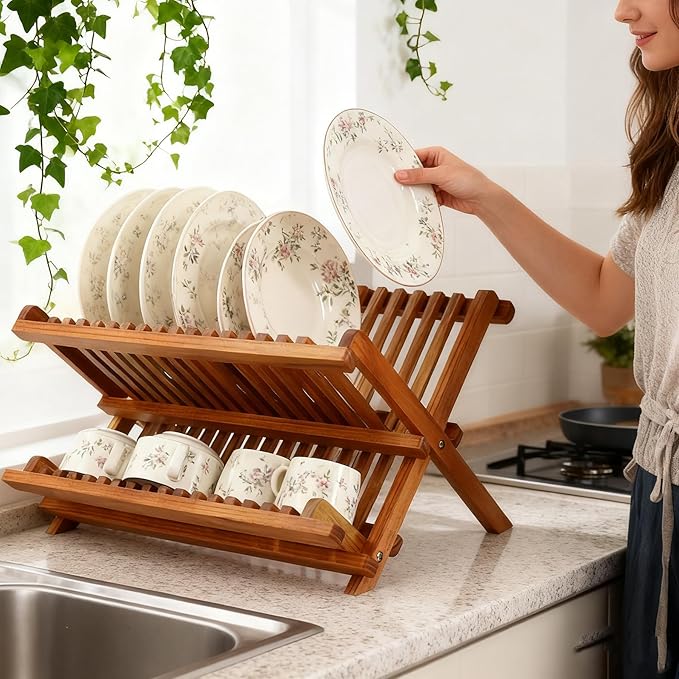 Utoplike Teak Dish Drainer Rack Collapsible 2 Tier Dish Rack Dish Drying Rack