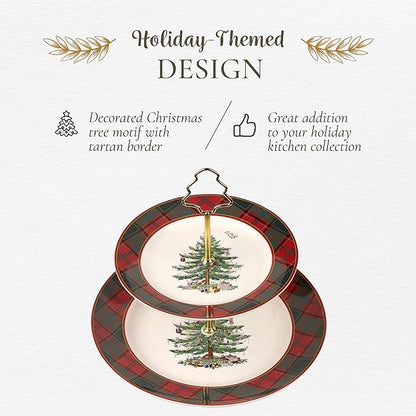 Spode Christmas Tree Tartan 2-Tiered Server, Holiday Cupcake Stand, Dessert Display Set, Earthenware Serving Platter, 10" & 8" Plates, Dishwasher Safe Serveware for Appetizers, Desserts, Cookies