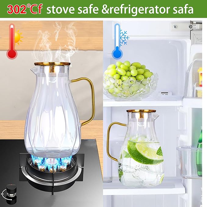 68 oz Glass Pitcher with Lid Water Pitcher with Handle and Spout Heat Resistant
