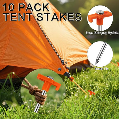 10 Pack Tent Stakes - 9.75 Inch Galvanized Non-Rust Ground Stakes Heavy Duty Canopy Anchors Metal Tent Pegs for Camping, Garden, Hiking, Orange