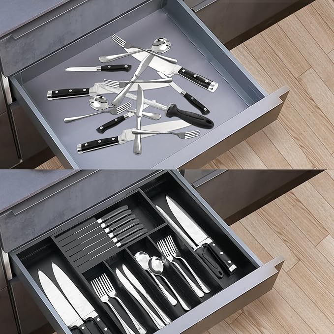 VaeFae Bamboo Silverware Drawer Organizer Kitchen, Expandable Utensil Organizer