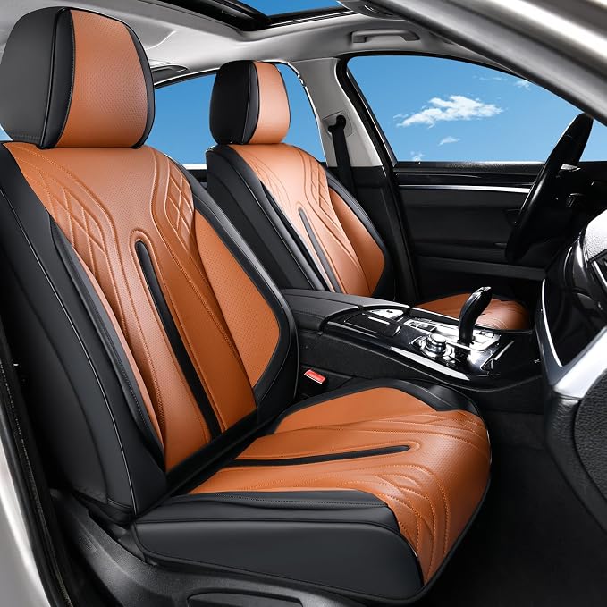 Huidasource Car Seat Covers Full Set, Universal Fit for Most Cars SUV Trucks, Full Coverage Nappa Leather Seat Cover, Airbag, Cupholder Compatible, Velcro Adjustable,Seat Function Retain, Black&Brown
