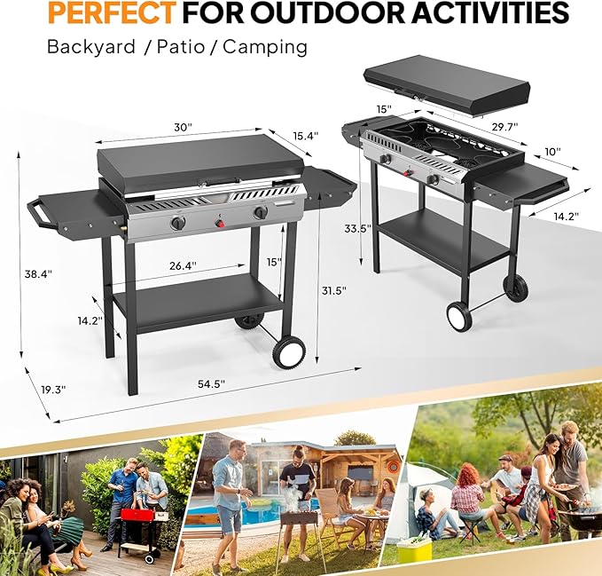 Bonnlo 2-in-1 Propane Stove and Griddle, Iginition Outdoor Gas Cooker with Storage Shelf and Portable Wheels, 2 Burner Camping Stove with 150000BTU Output for Backyard Cooking BBQ Frying and Boiling