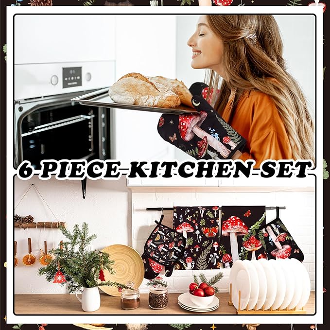 Bencailor 6 Pcs Mushroom Kitchen Towels Oven Mitts and Pot Holders Set
