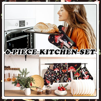 Bencailor 6 Pcs Mushroom Kitchen Towels Oven Mitts and Pot Holders Set