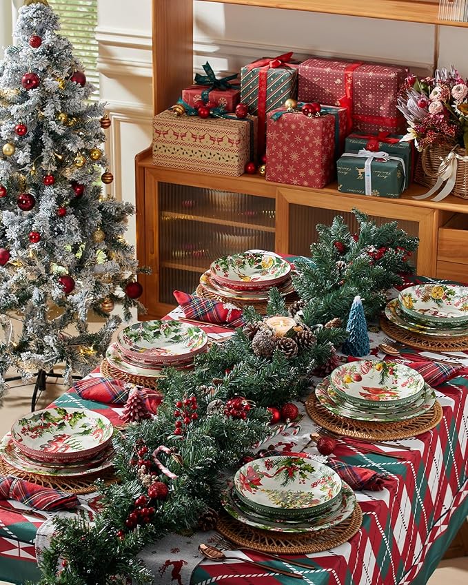 Christmas Pasta Bowls, Ceramic Salad Serving Bowl Set, 8 Inch Wide and Shallow Dinner Bowl Plate for Kitchen, Dishwasher and Microwave Safe, Set of 6