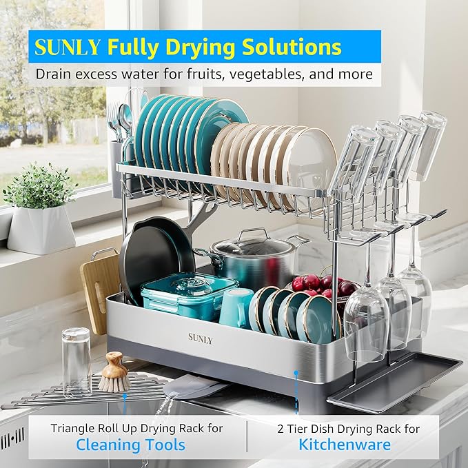 SUNLY Large Dish Drying Rack, 304 Stainless, Extra Large Drain Board