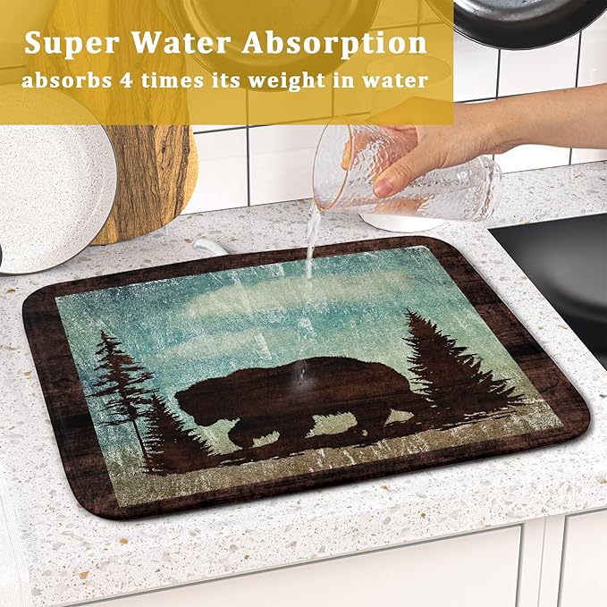 Giwawa Retro Brown Bear Forest Cabin Dish Drying Mat Countertop 16x18 Fall Blue