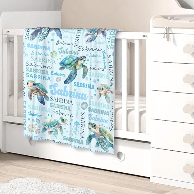 Personalized Baby Blanket for Girls Boys Kids Sea Turtle Custom Baby Blanket with Name Throw Birthday Gift for Toddlers Infants Shower Newborns Nursery Stroller Crib Bed Decor