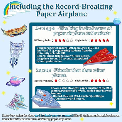 Paper Airplane Kits with 16 Classic Designs, 32 Sheets of Colorful Origami Paper, World Record Paper Planes, Airplane Gifts for Boys and Girls Ages 6-12+ (Digital Manual Only, Fun and Easy to Fold)