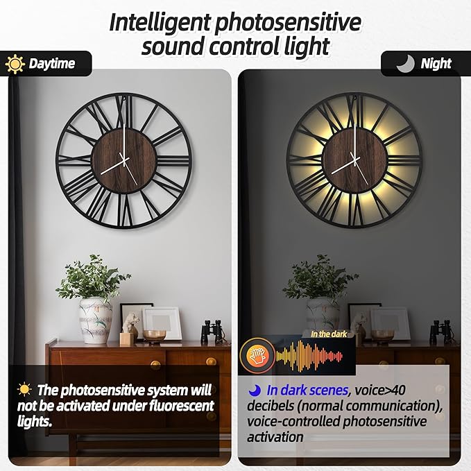 LEIKE Large Wall Clocks with Night Light Battery Operated, Silent Non Ticking