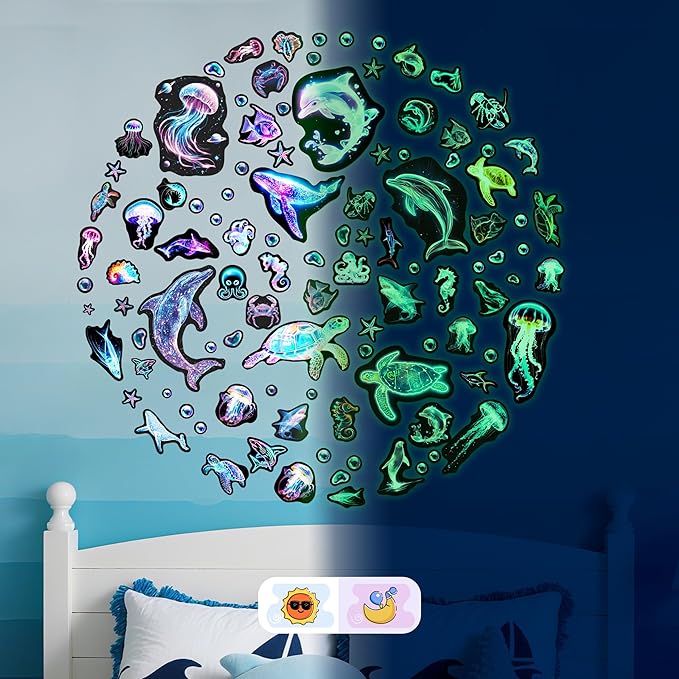 Fantasy Ocean Fish Wall Decals Glow in The Dark, Colorful Neon Ocean Animal Wall Stickers for Kids, Waterproof Vinyl Sea Creature Stickers, Ceiling Walls Room Bathroom Bedroom