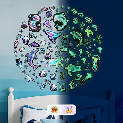 Fantasy Ocean Fish Wall Decals Glow in The Dark, Colorful Neon Ocean Animal Wall Stickers for Kids, Waterproof Vinyl Sea Creature Stickers, Ceiling Walls Room Bathroom Bedroom