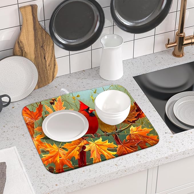Giwawa Fall Birds Dish Drying Mat 16x18 Inch Autumn Maple Leaf Tree Dish