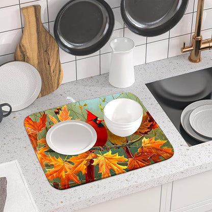 Giwawa Fall Birds Dish Drying Mat 16x18 Inch Autumn Maple Leaf Tree Dish