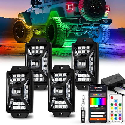 4 Pods Five Sided RGB Rock Lights for Trucks Jeep UTV SUV ATV Golf Cart, Multi Chasing Color App/Remote Control Led Rock Lights with Music Mode, Waterproof Exterior Underglow Kits for Cars