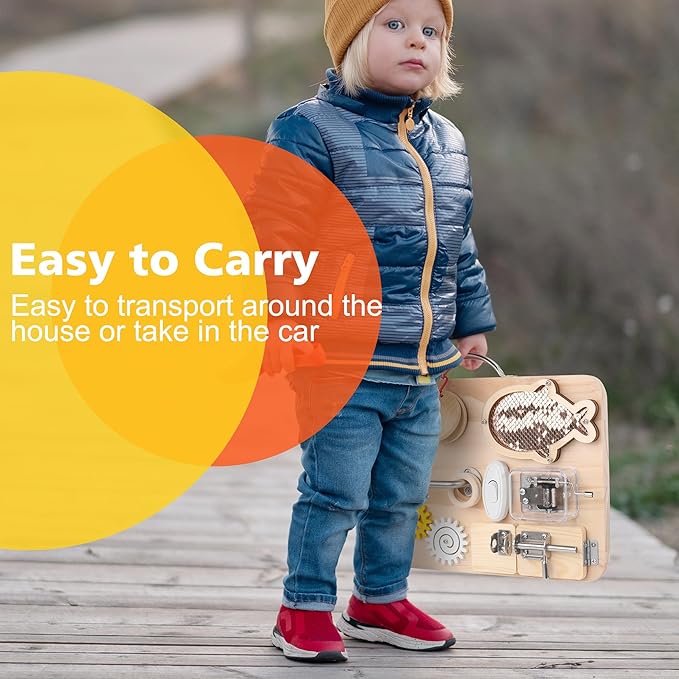 Wooden Busy Board for Toddlers, Montessori Sensory Toys for 1 2 3 4 Year Old, Autism Sensory Toys for Kids Boys Girls, Fine Motor Skills Travel Toys