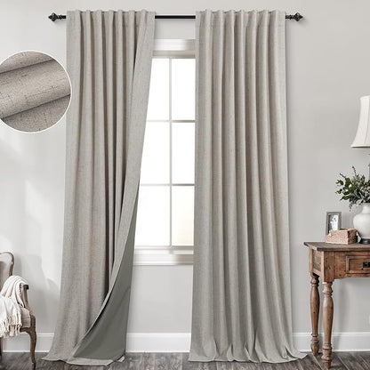 KOUFALL 52x105 Inch Length Taupe Back Tab Linen Blackout Curtains