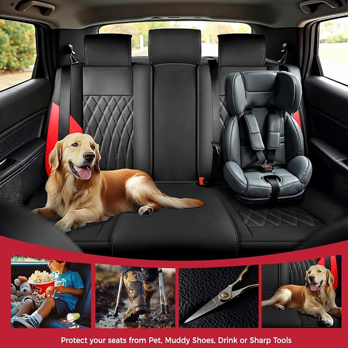 FREESOO Black Red Car Seat Covers Full Set - Faux Nappa Leather Seat Covers for Cars, Breathable Waterproof Front Seats with Lumbar Support and Rear Seat Cover, Fit for Automotive Sedans SUVs Pickups