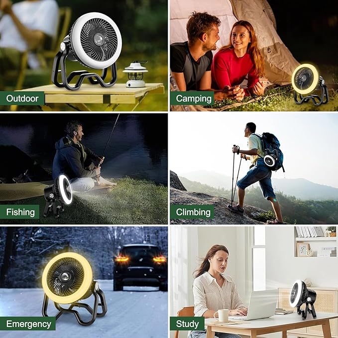 Portable Rechargeable Camping Fan with LED Lantern-40Hrs, Battery Operated Oscillating Fan with Remote, 3 Speeds for Tents, Outdoor, RV, Outage（Black）