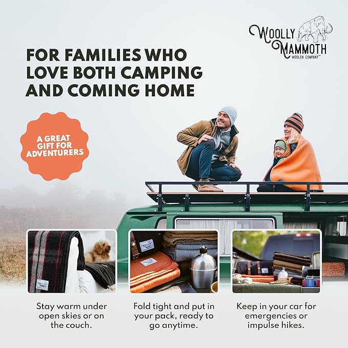 Woolly Mammoth Woolen Company Camping Blanket - 66 x 90 in, Red/White & Blue Plaid - Merino Heavyweight Wool Outdoor Throw Blanket - Backpacking Essential for Cold Weather Camping