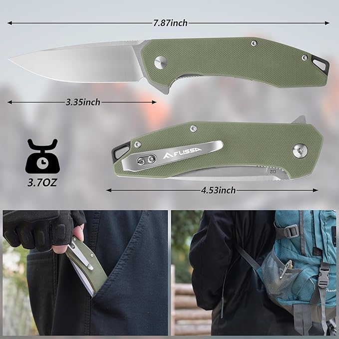 FLISSA Pocket Knife, Folding Tactical Knife with G10 Handle, D2 Blade, Liner Lock, Pocket Clip, EDC Knife for Hiking, Camping, Survival, Indoor and Outdoor Activities(Green)