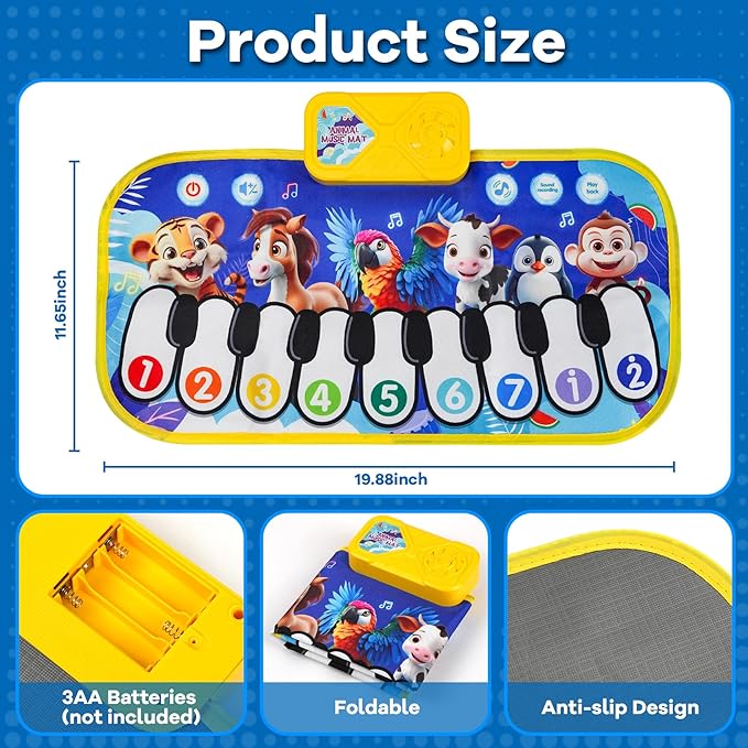 Floor Piano Mat for Toddlers,Musical Mats W/ Animal Sounds&Songs,Kids Sensory Educational Carpet Toys,Blanket Touch Playmat for Boys,Girl Birthday Gift