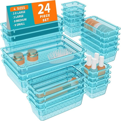 WOWBOX 24 PCS Plastic Drawer Organizer Set, 4 Sizes Desk Drawer Organization