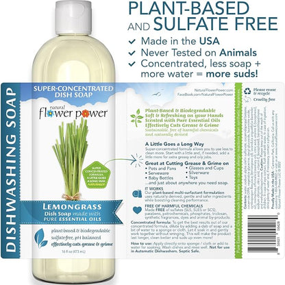 Natural Flower Power Liquid Dish Soap – Variety Pack – Citrus & Spice, Lemongrass, & Lavender – Plant-Based & Scented w/ Pure Essential Oils – Sulfate-Free Kitchen Soap – Vegan (16 Fl Oz 3 Pack)