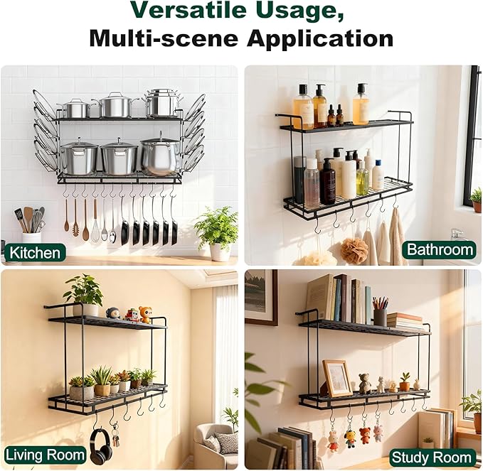Housolution Pot Rack Wall Mounted, 3 Level Height Adjustable, 2 Tier Heavy Duty