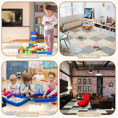 Nuanchu 60 Pcs Kids Foam Puzzle Floor Mat Bulk Solid Color Foam Play Mat with Borders Interlocking Multi Use Floor Rug for Baby Toddler Children Crawling Exercise Playroom 12 inch (White, Cream, Gray)