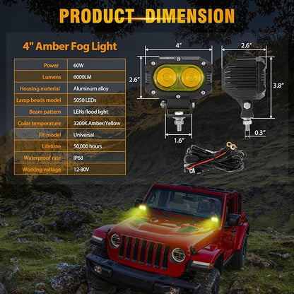 Auxbeam LED Amber Fog Light, 4Inch 60W Led Driving Offroad Lights Pod Super Bright with Wiring Harness Kit Yellow Flood Beam Pod Light for Truck SUV ATV UTV Jeep Wrangler Motorcycle