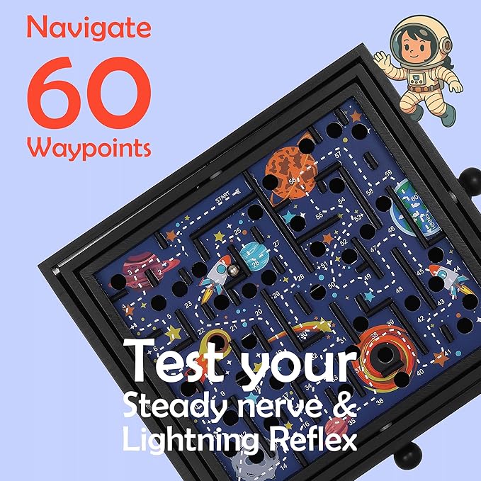 STERLING Games Wooden Labyrinth Space Shuttle Theme Tilt Maze Game with Marble Ball and 60 Waypoints for 6 Years Up, 13.5" x 13" Board