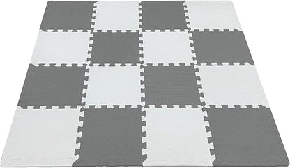 18 Pieces Foam Play Mat, Interlocking Playmat Tiles, Foam Floor Mat Tiles for Kids, Puzzle Play Mats, Exercise Gym Mats – Color of Gray & White with Border