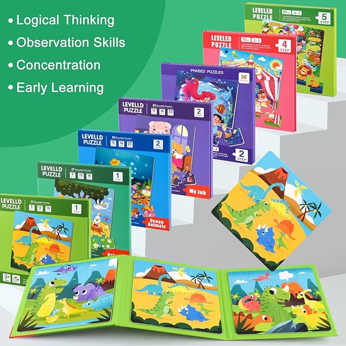 ASTARON Magnetic Puzzles for Toddlers, 9-12-16 Pieces Animal World Learning Magnet Puzzles for Road Trip, Educational Travel Toys Car Plane Activities for Kids, Kids Birthday Gifts