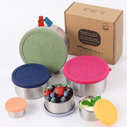 12 Pcs - 6 Stainless Steel Containers + 6 Silicone Lids | 304 Stainless Steel Snack Container | Nesting Snack and Dip Containers | Metal Food Storage